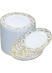 7.5&#39;&#39; White &amp; Gold Disposable Plastic Plates &ndash; 24g, Sturdy &amp; Elegant &ndash; Pack of 120 plates