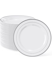 10&quot; Disposable Plastic Plates, White &amp; Gold Color, 46g Weight, Pack of 120 Plates