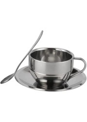Liying 2Pcs Insulated Espresso Cup Stainless Steel Coffee Mugs Set (180ml), Double Walled Coffee Cup with Saucer and Spoon, Espresso Latte Cappuccino Milk Tea Cup

