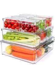 10 Pack Clear Stackable Fridge Organiser Bins with Lids &amp; Drain Tray, Large Size Plastic Food Storage Containers for Fruit &amp; Vegetable Storage, Kitchen Storage &amp; Organisation (3 different sizes)