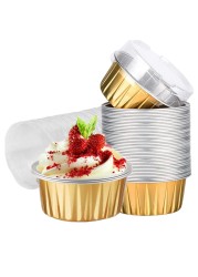 100 Pack Aluminum Foil Baking Cups with Lids 5 oz Dessert Cups Muffin Tins Disposable Mini Cake Pans Cupcake Cups Muffin Tins Liners for Wedding Birthday Individual Dessert Containers (Gold)