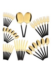LIFE SMILE Cutlery Set, 18/10 Pure Stainless Steel Flatware Set with Stand, Rust Proof &amp; Fade Proof Dinnerware Set (SHINY GOLD HEAD &amp; SHINY BLACK HANDLE, 38 Pieces)