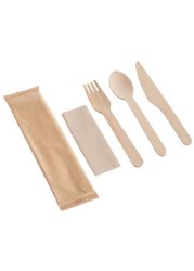 Markq [20 Pack] Disposable Wooden Cutlery Set With Napkin, Eco Friendly, Biodegradable, Compostable Wooden Knife Fork Spoon Napkin Set - Wooden Utensils For Weddings Parties Picnic