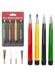 Pixiss Scratch Brush Pen Set With Replacement Tips Fiberglass Steel Brass Nylon 5inches Pen Style Prep Sanding Brush 4Pack For Corrosion Rust Jewelry Circuit Boards and Auto Body Work