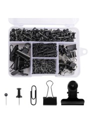 500 Pcs Black push pins Set, Binder Clips Paper Clips Map Tacks Sets Decorativefor Cork Board 5 Style Black Office Supplies for School and Home (Black)