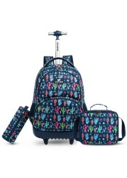 Eazy Kids - 18&quot; Set of 3 Trolley School Bag Lunch Bag &amp; Pencil Case Cacti - Blue