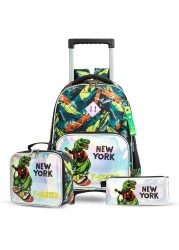 Eazy Kids - 16&quot; Set of 3 Trolley School Bag Lunch Bag &amp; Pencil Case New York Dinosaur - Green