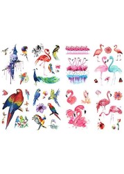 Oottati 8 Sheets Temporary Tattoo Stickers, Waterproof Arm Leg, Parrot Bird Peacock Macaw Pink Flamingo Butterfly Flower for Women