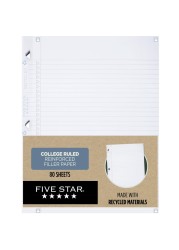 Five Star Loose Leaf Paper Plus Study App 3 Hole Punched Reinforced Filler Paper College Ruled Paper Recycled 812 x 11 80 Sheets 1 Pack 170023