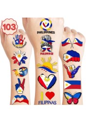 103 PCS Philippines Filipino Flag Pride Temporary Tattoos Stickers Themed Birthday Party Decorations Supplies Decor Favors Star Sun Flags Tattoo Sticker Gifts For Kids Boys Girls Class Prizes Carnival