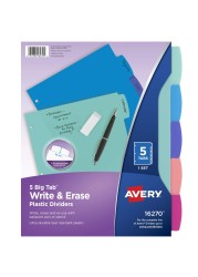 Avery Durable Plastic 5Tab Write Erase Big Tab Dividers for 3 Ring Binders Pastel Brights 16270