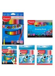 Maped Color&#39; Peps Coloured Pencils 18 PCS with Felt Pen 24 PCS Wax Crayon 12 PCS and Drawing Book