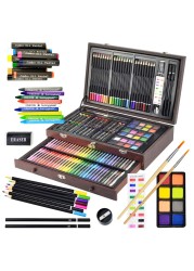 Sunnyglade 145 Piece Deluxe Art Set Wooden Box Drawing Kit with Crayons Oil Pastels Colored Pencils Watercolor Cakes Sketch Pencils Paint Brush Sharpener Eraser Color Chart Cherry