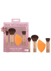 Real Techniques Sleigh The Night Mini Brush + Sponge 4 Piece Holiday Gift Set, Small Makeup Brushes For Travel, Makeup Sponge For Foundation &amp; Concealer, Stocking Stuffer, Limited Edition, Latex-Free