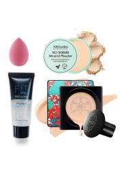 Air Cushion CC Cream Mushroom Head FoundationWaterproof Long Lasting Loose Setting PowderMoisturizing BB Cream Liquid Foundation Makeup Primer Concealer Base with Makeup Sponge4PCS