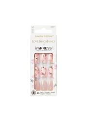 KISS LoveShackFancy x imPRESS Press-On Manicure Limited Edition, Style &quot;Rosie Peach Sky&quot; Medium Coffin Pink Press-On Nails, Includes Prep Pad, Mini Nail File, Cuticle Stick, &amp; 30 Fake Nails