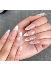 Nail Apparel Long Coffin Cute Kawaii Press on Nails 3D Cartoon Pink Glitter Rhinestone Heart Pearl Bow Long Ballet Trapezoid Fake Nails 24Pcs Medium Almond White Blue Flower French