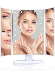 Makeup Mirror Vanity Mirror with Lights, 1x 2X 3X Magnification, Trifold Lighted Makeup Mirror, Touch Control, Dual Power Supply, Portable LED Makeup Mirror
