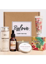 Gifts for Women BFFLOVE Gift Set for Women 5pcs Cherry Blossom Spa Set Birthday Gifts for Women with Massage Oil Scented Candle Bath Salts Hand Cream Mothers Day Gifts