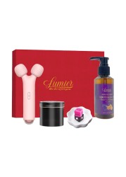 LUMIER Romantic Gift Basket - Relaxing Gift Box for Couples - Getaway Kit with Massager, Massage Oil, Candle , Dice - Pamper Yourself - Date Night - Fun Travel - Birthdays