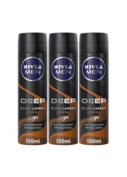 NIVEA MEN Antiperspirant Spray for Men DEEP Black Carbon Espresso Scent 150ml Pack of 3