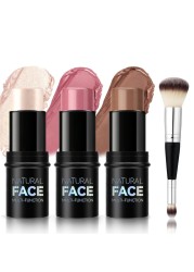 3 Colors Cream Contour Highlighter Blush Stick Trio Set with Dual Head Brush Waterproof Longlasting Bronzer Blusher for Cheeks Matte Dewy Finish Multifunctional Face Professional Makeup Kit