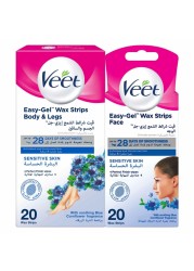 فيت إيزي جل شرائح شمعية للجسم والساقين حزمة من 20 شريطًا مع شرائح شمعية للوجه حزمة من 20 شريطًا - أبيض