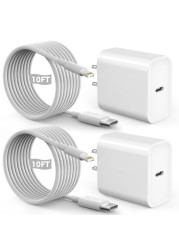 Fast iPhone Charger, Quick 10Foot USBC Wall Charger Phone Charger 2Pack 20W PD USB C Fast Charger Block + 10FT Lightning Fast Charging Cable for iPhone 14/Pro/Pro Max/Plus/13/12/11/XS/XR/X/SE2022/iPad