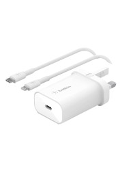 بلكين بوست شارج شاحن حائط من منفذ لايتنينغ إلى USB-C PD بقدرة 25 واط مع كابل شحن من النوع C بطول 1 متر- أبيض