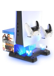 HEATFUN PS5 Charger Stand with Cooling Fan, 3 Levels Adjustable Speed, 12 Game Rack Organizer, Dual USB Ports, LED Indicator, Compatible with Disc and Digital Versions