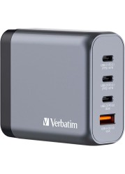 Verbatim GaN Charger 140 W, 4 Ports USB-C Charger, Power Adapter with 3 x USB-C and 1 x USB-A, Fast Charger as Multiple Plug, for Apple MacBook, Notebook, iPad, iPhone