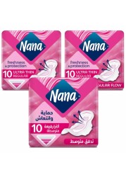 نانا فوط صحية عادية فائقة الرقة بأجنحة 10 فوط حزمة من 3