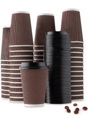 YESOCEA- Drinking Glass&mdash;50 Disposable Coffee Cup Insulation Spiral Embossed Paper Cups With Lids (8 oz, Brown Cups With Lids)