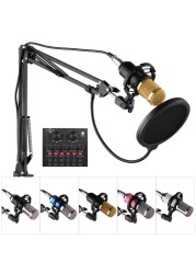 Generic-Professional Broadcasting Studio Recording Condenser Microphone Kit with External Sound Card + Mic Windscreen + Shock Mount + Adjustable Suspension Scissor Arm Stand + Mounting Clamp + Pop Fil