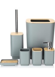 Bamboo Bathroom Accessories Set of 6 Modern Design 6 Pieces Bathroom Accessory Set Soap Dispenser Toothbrush Holder Tooth Mug Soap Dish Toilet Brush Rubbish for Bathroom Home Decor (Grey)