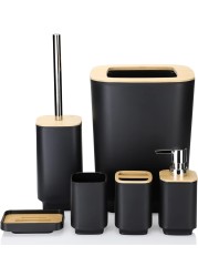 Bamboo Bathroom Accessories Set of 6 Modern Design 6 Pieces Bathroom Accessory Set Soap Dispenser Toothbrush Holder Tooth Mug Soap Dish Toilet Brush Rubbish for Bathroom Home Decor (Black)