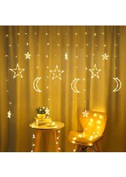 String Lights Moon Fairy String Lights Solar Powered Outdoor Curtain Window Lights Twinkle LED Star Lights for Backyard Garden Patio Home Party Holiday Ramadan Decoration (Warm light)