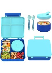 Pawtong Bento Lunch Box with 8oz Soup Thermo, Kids Leakproof Lunch Food Containers with 4 Compartment, Kids Thermo Insulated Hot Food Jar for School, Trvael（Blue