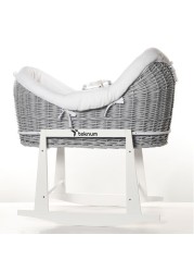 Teknum Infant Wicker Pod Moses Basket with White Waffle Beddings &amp; White Rocker Stand - Wooden Grey