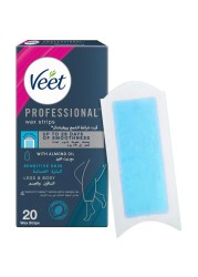 Veet Professional Hair Removal Easy-Gel Legs &amp; Body Wax Strips With Almond Oil For Sensitive Skin Perfect Finish Wipes With Argan Oil Up To 28 Days Of Smoothness, 20 Wax Strips