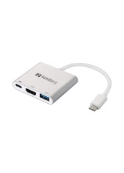 ساندبرغ كابل USB-C بقاعدة توصيلة متعددة المنافد منفذ HDMI مع منفذ USB - أبيض