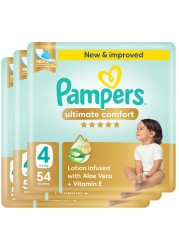 Pampers Ultimate Comfort Diapers with Aloe Vera Plus Vitamin E Size 4 9-14kg Mega Pack 54 Diapers Pack of 3