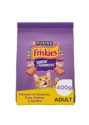 Purina Friskies Surfin&#39; Favourites Flavours of Mackerel, Tuna, Salmon and Sardine Adult Dry Cat Food, 400g
