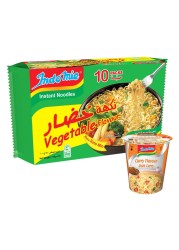 Indomie Soto Instant Noodles, Vegetable Flavor with Seasoning Powder and Sauce 75g Pack of 10 + Curry Cup Noodles 60g