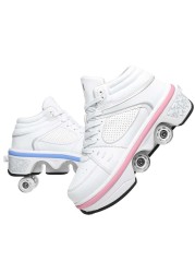Roller Skates for Women Men Outdoor2 in1 Parkour Shoes with Wheels for GirlsBoysDouble Row Deform Kick Roller Shoes Retractable AdultsKidsQuad Roller SkatesSkating Shoes Recreation Sneakers