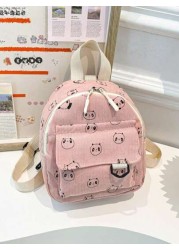 1pc Stylish And Simple Solid Color Corduroy Striped Backpack Cartoon Panda Pattern Small Fresh And Sweet Mini Backpack Zipper Opening And Closing Comfortable And Versatile Adjustable Shoulder Straps S