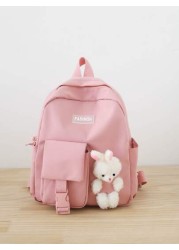 Girls Fuzzy Cartoon Rabbit Letter Patch Decor Zipper Cute Functional Backpack
