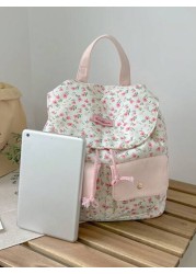 1pc Girl s Ditsy Floral Canvas Backpack Drawstring Closure Fresh Cute Casual Lightweight Bag With Large Capacity Suitable For Daily Use