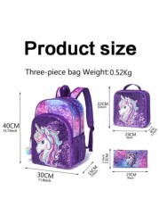 3PCSBackpack Sequined Backpack Shoulder Bag Lunch Box Pencil Case