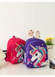 1pc Cute Backpack Nylon Cloth Double Zipper Closure Summer New Style Pink Rainbow Unicorn Schoolbag Fashionable Cartoon Backpack Comfortable Shoulder Strap Large Capacity Multifunctional Suitable For